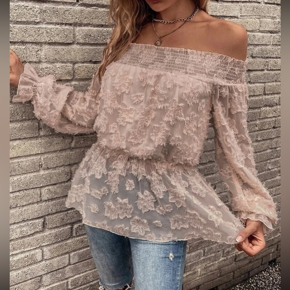 Boho dusty pink  floral jacquard sheer  off shoulder blouse - Picture 2 of 6